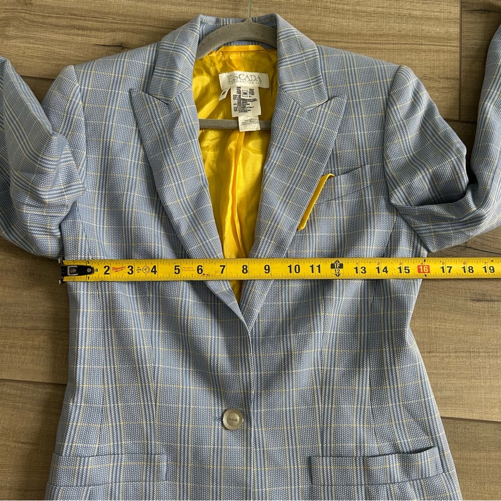 Vintage Escada Light Blue Yellow Plaid Single Button Wool Silk Blazer Jacket 36 - Picture 8 of 9